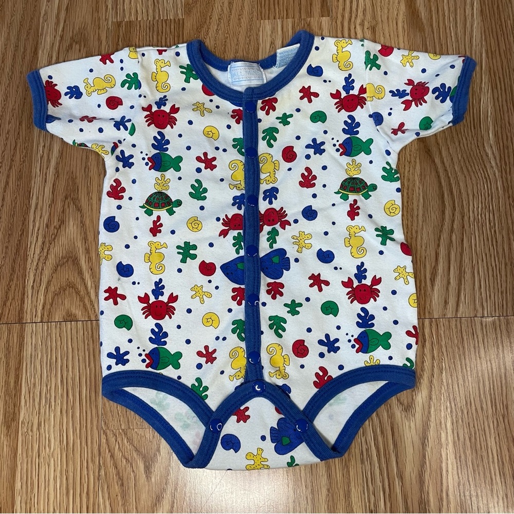 VTG ALL MINE MULTICOLOR SEA ANIMAL BEACH ONE PIECE BABY OUTFIT SIZE 3/6 MONTHS